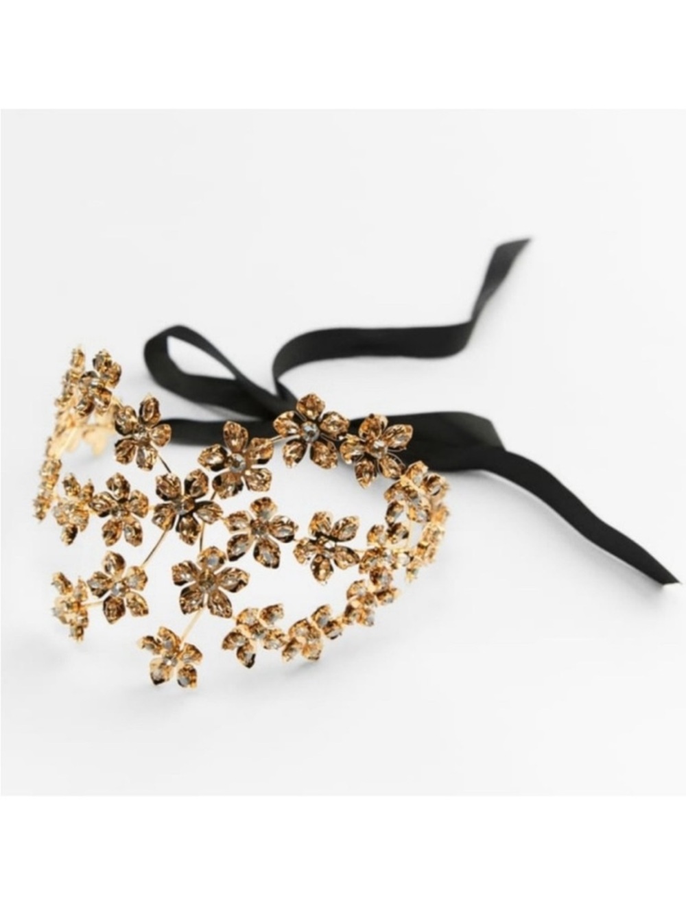 Zara Gold Floral Crystal Headband with Black Satin Ribbon Tie - NWT O/S (M)